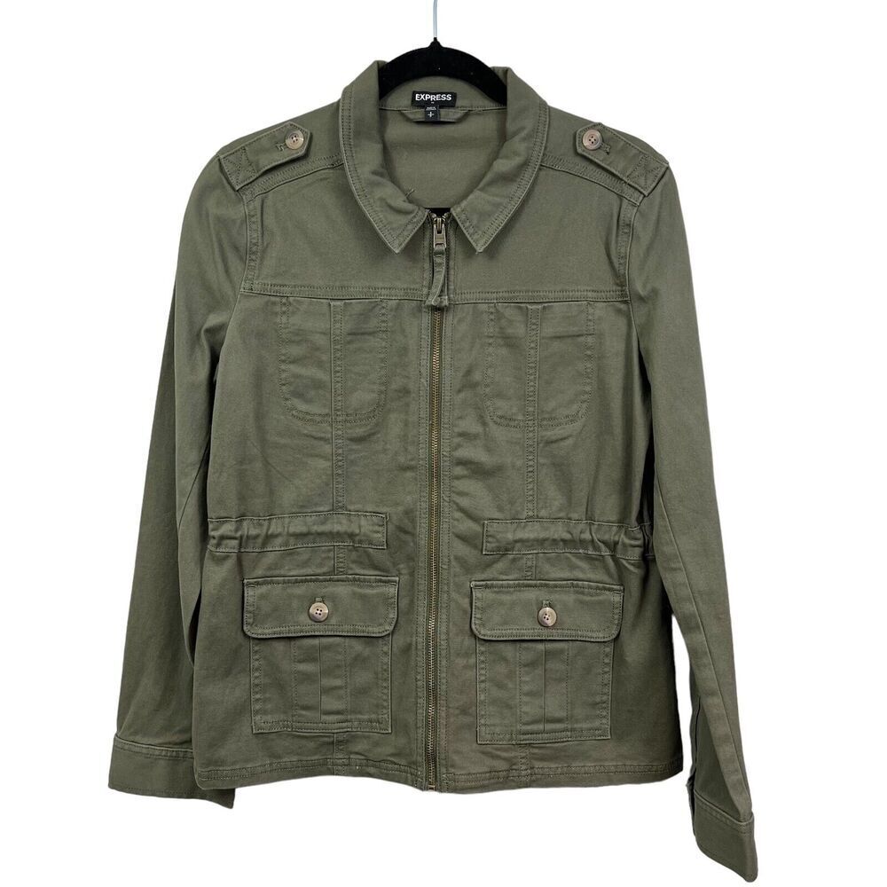 Express Womens Utility Jacket Collared Zip Up Flap‎ Pockets Army Green Size S